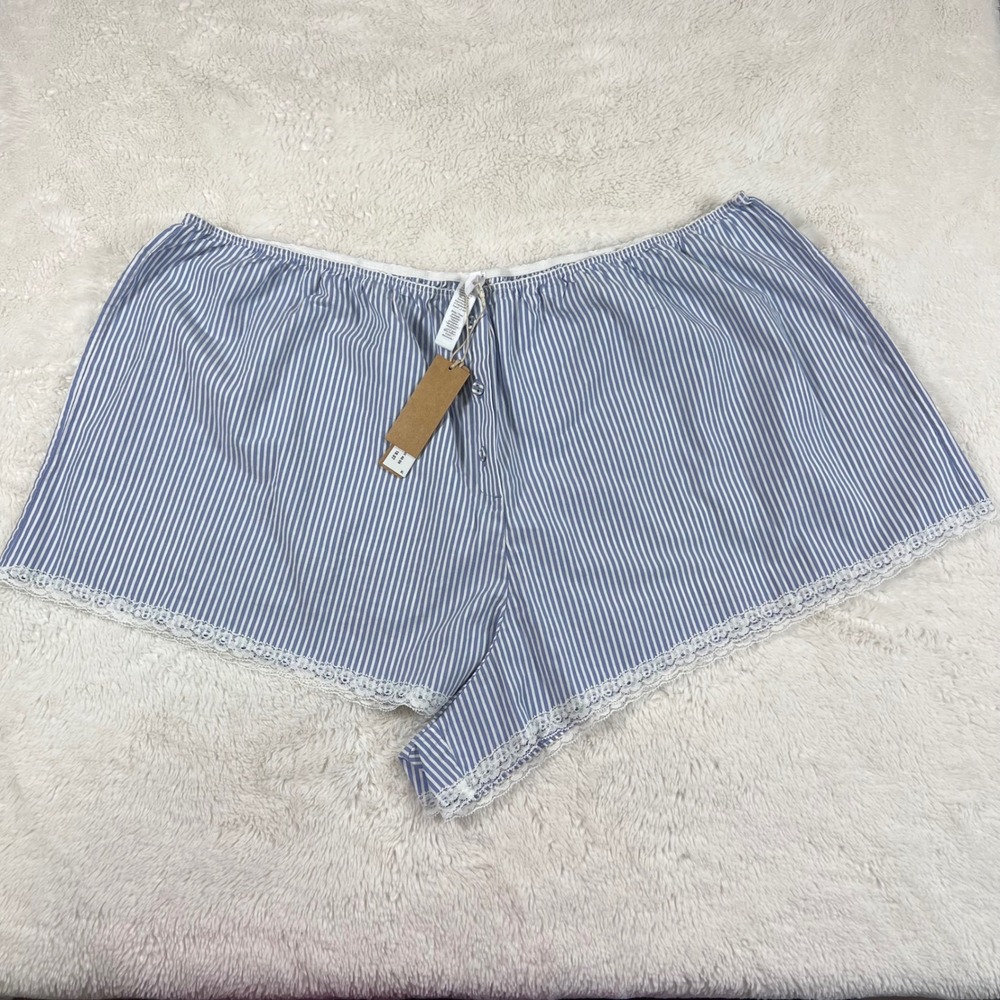 SKIMS Cotton Poplin Sleep Short XL Cadet Stripe Blue Lace Trim BO-SHO-9518W NWT